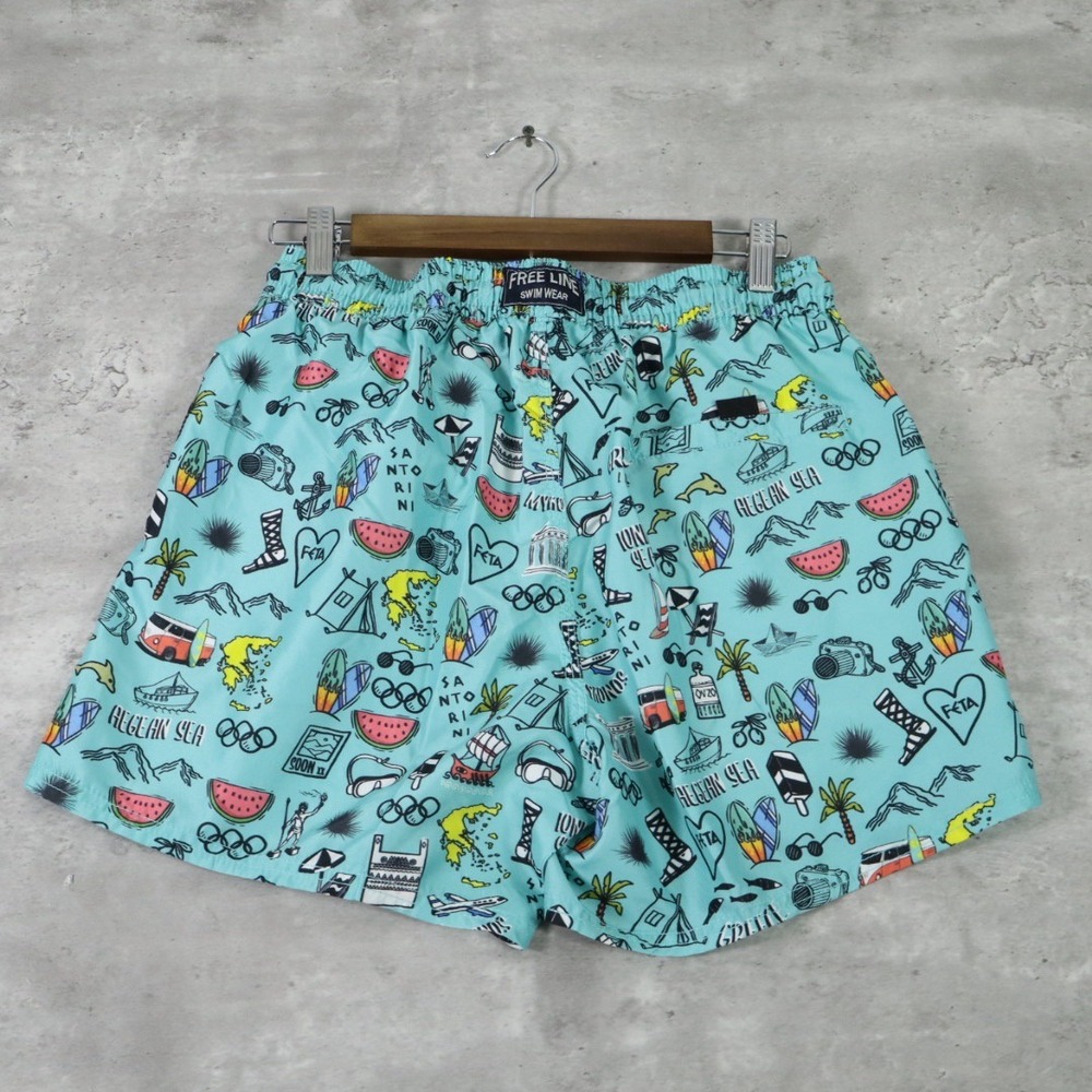 Free Line Athens Swim Shorts Small Teal Greek Vacation Print Trunks - Picture 2 of 7